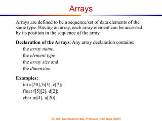 Dr. Md. Abul Kashem Mia, Professor, CSE Dept, BUET
Arrays
Arrays are defined to be a sequence/set of data elements of the
same type. Having an array, each array element can be accessed
by its position in the sequence of the array.
Declaration of the Arrays: Any array declaration contains:
the array name,
the element type
the array size and
the dimension
Examples:
int a[20], b[3], c[7];
float f[5][2], d[2];
char m[4], n[20];
 