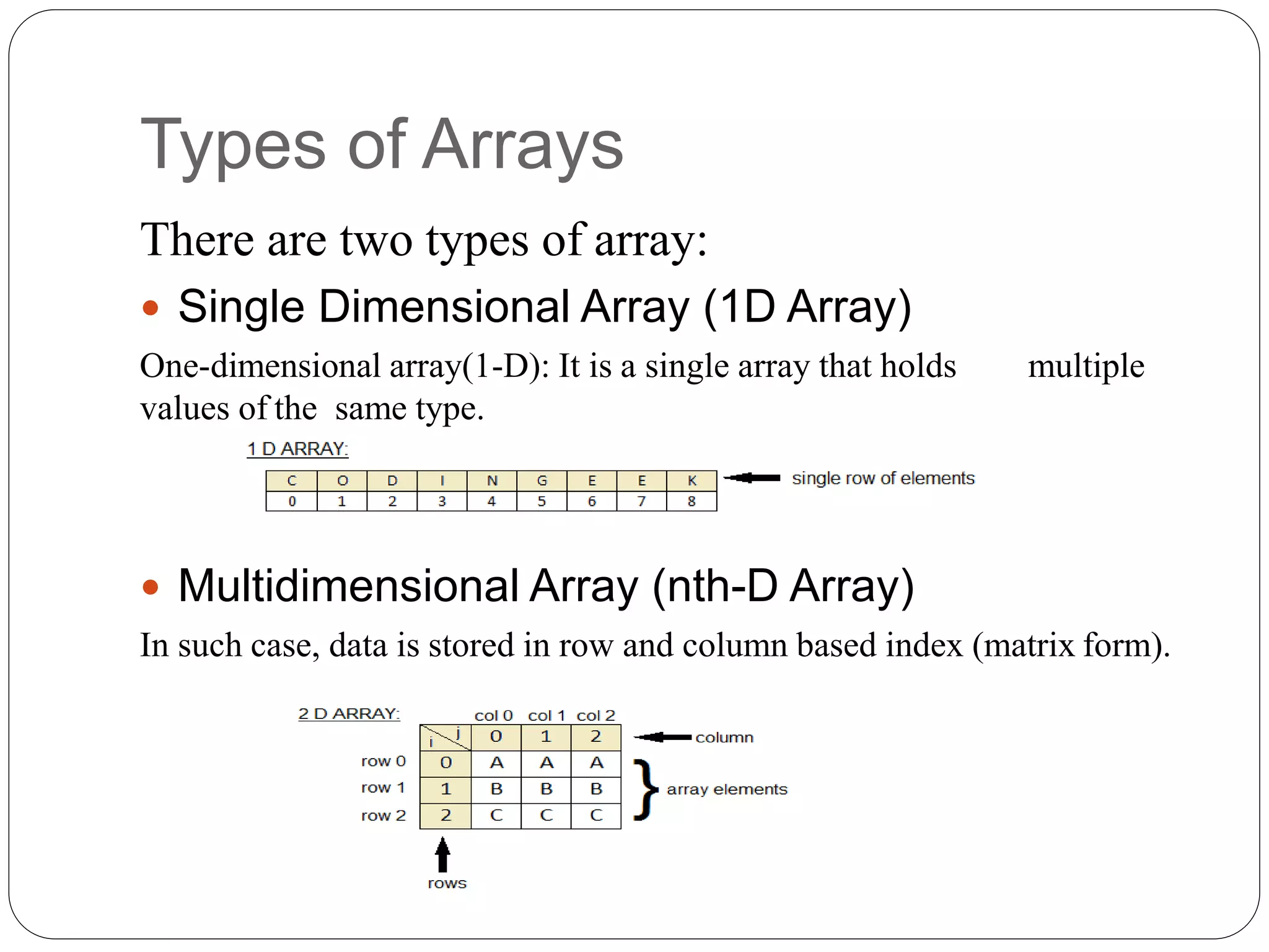 There are two types of array:  Single Dimensional Array (1D Array) One-dimensional array(1-D): It is a single array that holds multiple values of the same type.  Multidimensional Array (nth-D Array) In such case, data is stored in row and column based index (matrix form). Types of Arrays 