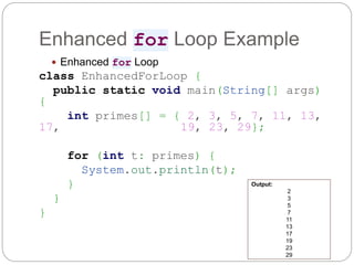Enhanced for Loop Example
 Enhanced for Loop
class EnhancedForLoop {
public static void main(String[] args)
{
int primes[] = { 2, 3, 5, 7, 11, 13,
17, 19, 23, 29};
for (int t: primes) {
System.out.println(t);
}
}
}
Output:
2
3
5
7
11
13
17
19
23
29
 
