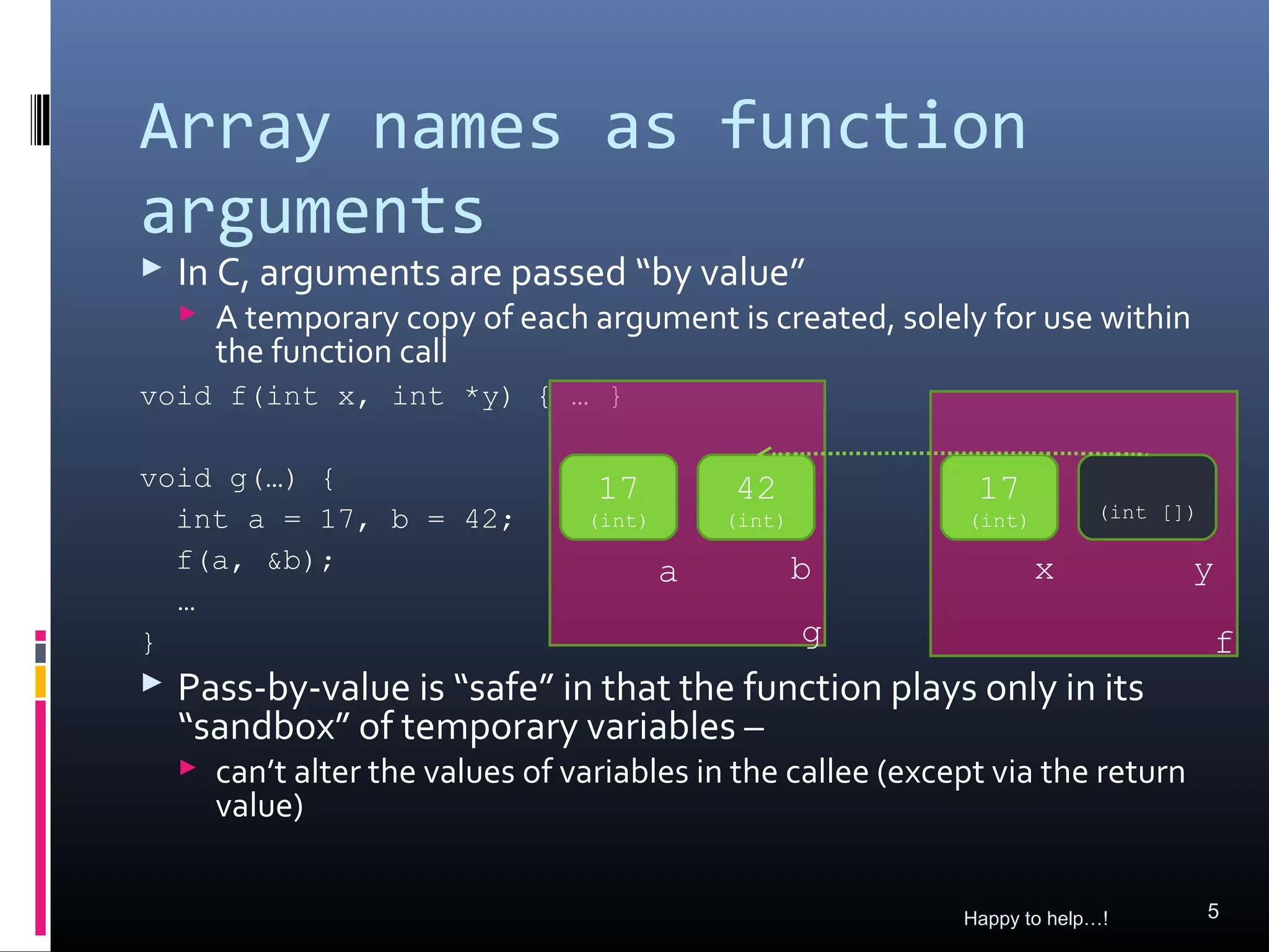 Array names as function
arguments
 In C, arguments are passed “by value”
   A temporary copy of each argument is created, solely for use within
    the function call
void f(int x, int *y) { … }

void g(…) {                     17          42              17
  int a = 17, b = 42;           (int)       (int)          (int)        (int [])

  f(a, &b);                             a           b              x           y
  …
}                                                   g                              f
 Pass-by-value is “safe” in that the function plays only in its
  “sandbox” of temporary variables –
   can’t alter the values of variables in the callee (except via the return
    value)


                                                           Happy to help…!         5
 