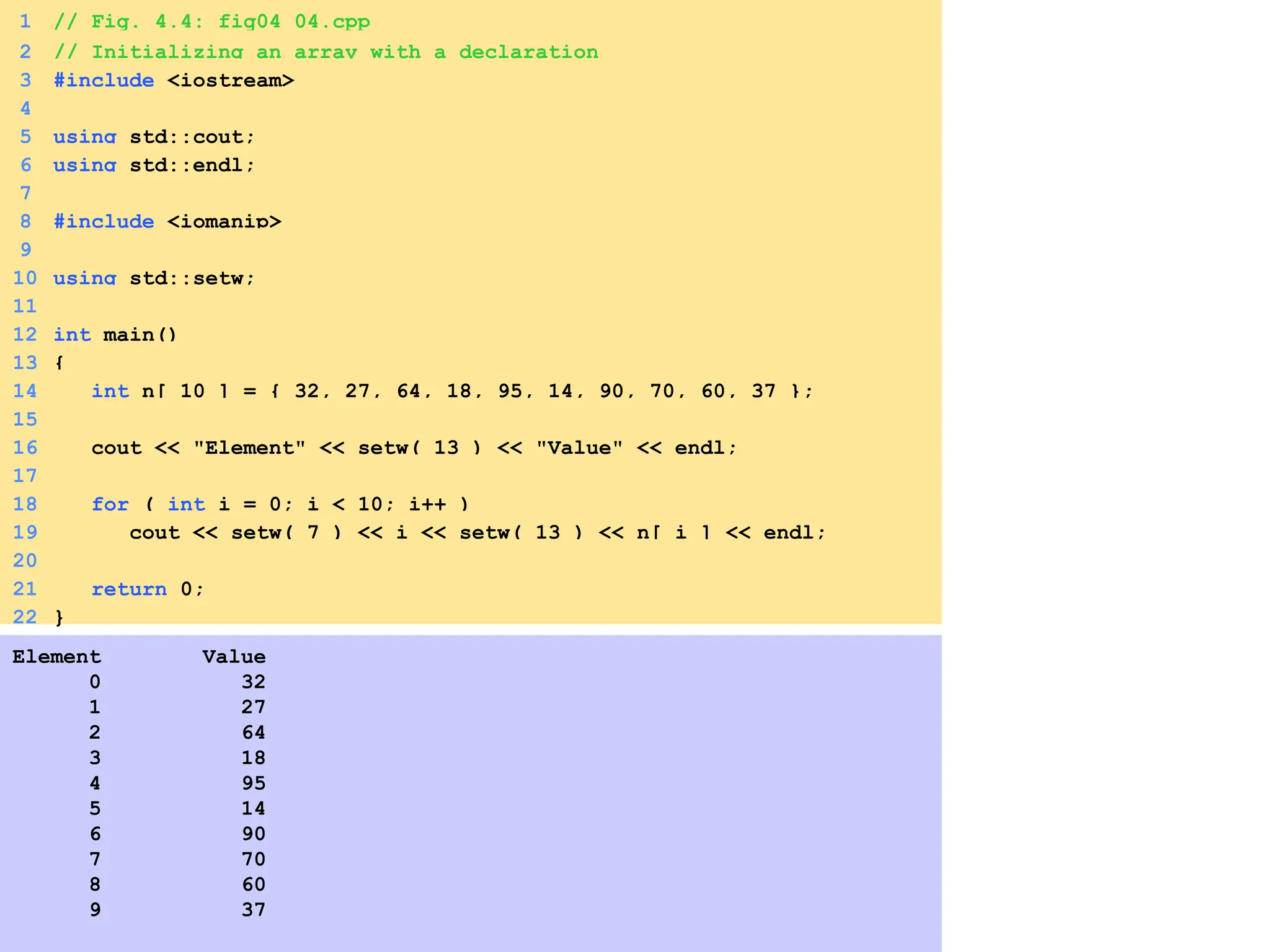 1 // Fig. 4.4: fig04_04.cpp
2 // Initializing an array with a declaration
3 #include <iostream>
4
5 using std::cout;
6 using std::endl;
7
8 #include <iomanip>
9
10 using std::setw;
11
12 int main()
13 {
14 int n[ 10 ] = { 32, 27, 64, 18, 95, 14, 90, 70, 60, 37 };
15
16 cout << "Element" << setw( 13 ) << "Value" << endl;
17
18 for ( int i = 0; i < 10; i++ )
19 cout << setw( 7 ) << i << setw( 13 ) << n[ i ] << endl;
20
21 return 0;
22 }
Element Value
0 32
1 27
2 64
3 18
4 95
5 14
6 90
7 70
8 60
9 37
 