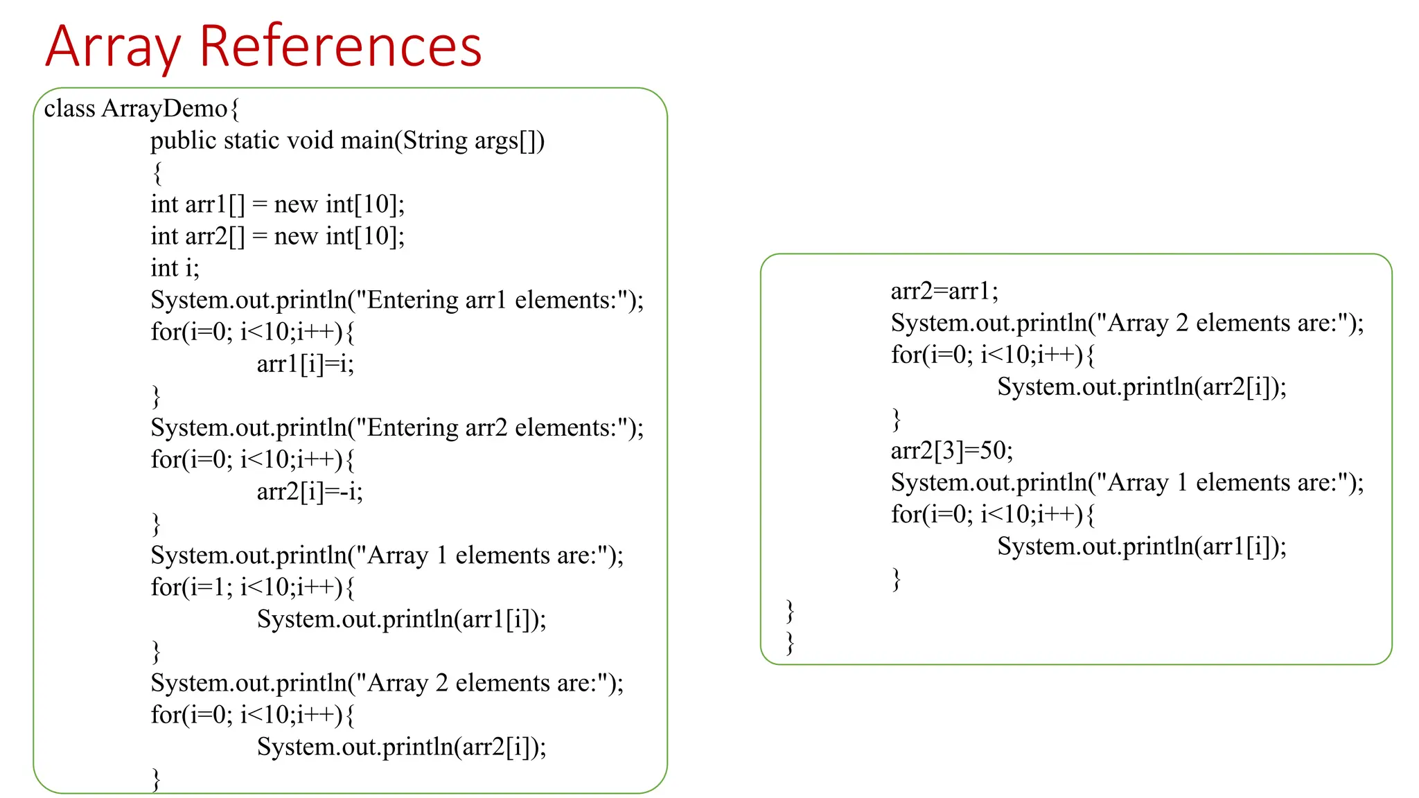 Array References class ArrayDemo{ public static void main(String args[]) { int arr1[] = new int[10]; int arr2[] = new int[10]; int i; System.out.println("Entering arr1 elements:"); for(i=0; i<10;i++){ arr1[i]=i; } System.out.println("Entering arr2 elements:"); for(i=0; i<10;i++){ arr2[i]=-i; } System.out.println("Array 1 elements are:"); for(i=1; i<10;i++){ System.out.println(arr1[i]); } System.out.println("Array 2 elements are:"); for(i=0; i<10;i++){ System.out.println(arr2[i]); } arr2=arr1; System.out.println("Array 2 elements are:"); for(i=0; i<10;i++){ System.out.println(arr2[i]); } arr2[3]=50; System.out.println("Array 1 elements are:"); for(i=0; i<10;i++){ System.out.println(arr1[i]); } } } 