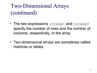 Two-Dimensional Arrays
(continued)
• The two expressions intexp1 and intexp2
specify the number of rows and the number of
columns, respectively, in the array
• Two-dimensional arrays are sometimes called
matrices or tables
41
 