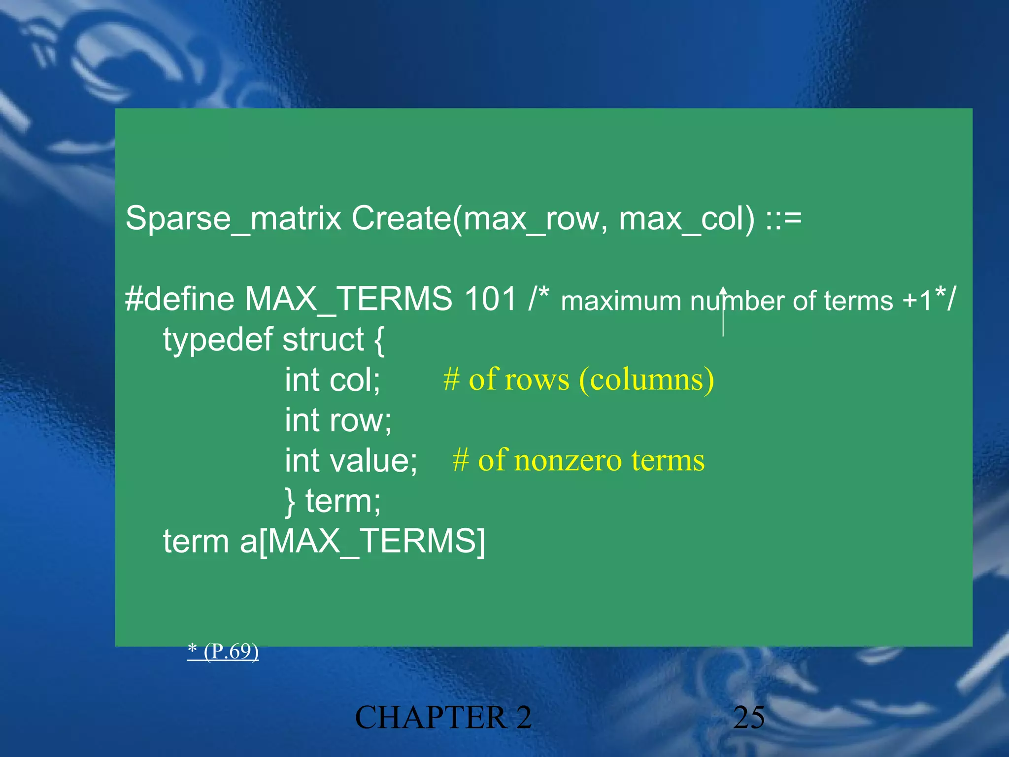 Sparse_matrix Create(max_row, max_col) ::=

#define MAX_TERMS 101 /* maximum number of terms +1*/
  typedef struct {
          int col;   # of rows (columns)
          int row;
          int value; # of nonzero terms
          } term;
  term a[MAX_TERMS]


   * (P.69)


              CHAPTER 2               25
 