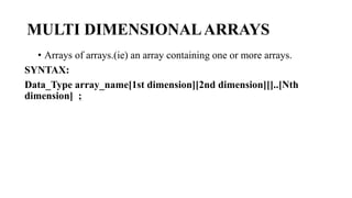 MULTI DIMENSIONALARRAYS
• Arrays of arrays.(ie) an array containing one or more arrays.
SYNTAX:
Data_Type array_name[1st dimension][2nd dimension][]..[Nth
dimension] ;
 