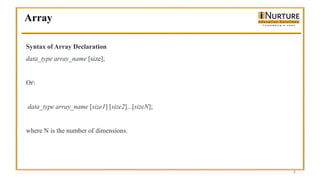 Array
4
Syntax of Array Declaration
data_type array_name [size];
Or
data_type array_name [size1] [size2]...[sizeN];
where N is the number of dimensions.
 