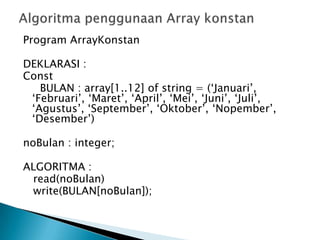 Program ArrayKonstan
DEKLARASI :
Const
BULAN : array[1..12] of string = (‘Januari’,
‘Februari’, ‘Maret’, ‘April’, ‘Mei’, ‘Juni’, ‘Juli’,
‘Agustus’, ‘September’, ‘Oktober’, ‘Nopember’,
‘Desember’)
noBulan : integer;
ALGORITMA :
read(noBulan)
write(BULAN[noBulan]);
 