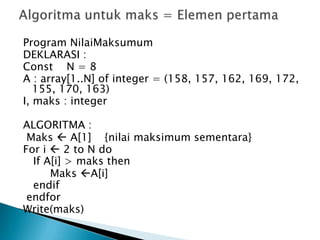 Program NilaiMaksumum
DEKLARASI :
Const N = 8
A : array[1..N] of integer = (158, 157, 162, 169, 172,
155, 170, 163)
I, maks : integer
ALGORITMA :
Maks  A[1] {nilai maksimum sementara}
For i  2 to N do
If A[i] > maks then
Maks A[i]
endif
endfor
Write(maks)
 
