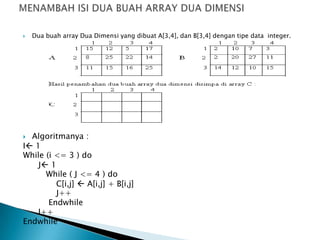  Dua buah array Dua Dimensi yang dibuat A[3,4], dan B[3,4] dengan tipe data integer.
 Algoritmanya :
I 1
While (i <= 3 ) do
J 1
While ( J <= 4 ) do
C[i,j]  A[i,j] + B[i,j]
J++
Endwhile
I++
Endwhile
 