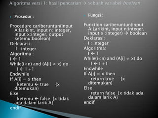  Prosedur :
Procedure cariberuntun(input
A:larikint, input n: integer,
input x:integer, output
ketemu:boolean)
Deklarasi :
I : integer
Algoritma :
I  1
While(i<n) and (A[i] ≠ x) do
I  I +1
Endwhile
If A[i] = x then
ketemu  true {x
ditemukan}
Else
ketemu  false {x tidak
ada dalam larik A}
endif
 Fungsi :
Function cariberuntun(input
A:Larikint, input n:integer,
input x :integer)  boolean
Deklarasi:
I : integer
Algoritma:
I  1
While(i<n) and (A[i] ≠ x) do
I  I +1
Endwhile
If A[i] = x then
return true {x
ditemukan}
Else
return false {x tidak ada
dalam larik A}
endif
 