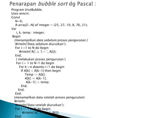 Program UrutBubble;
Uses wincrt;
Const
N=6;
A:array[1..N] of integer = (25, 27, 10, 8, 76, 21);
Var
i, k, temp : integer;
Begin
{menampilkan data sebelum proses pengurutan }
Writeln(‘Data sebelum diurutkan’);
For i:=1 to N do begin
Writeln(‘A[‘, i, ‘] = ‘, A[i]);
End;
{ melakukan proses pengurutan }
For i:= 1 to N-1 do begin
For k:=n downto i+1 do begin
If A[k] < A[k-1] then begin
Temp := A[k];
A[k] := A[k-1];
A[k-1] := temp;
End;
End;
End;
{menampilkan data setelah proses pengurutan}
Writeln;
Writeln(‘Data setelah diurutkan’);
For i := 1 to N do begin
Writeln(‘A[‘, i, ‘] = ‘, A[i]);
End;
 