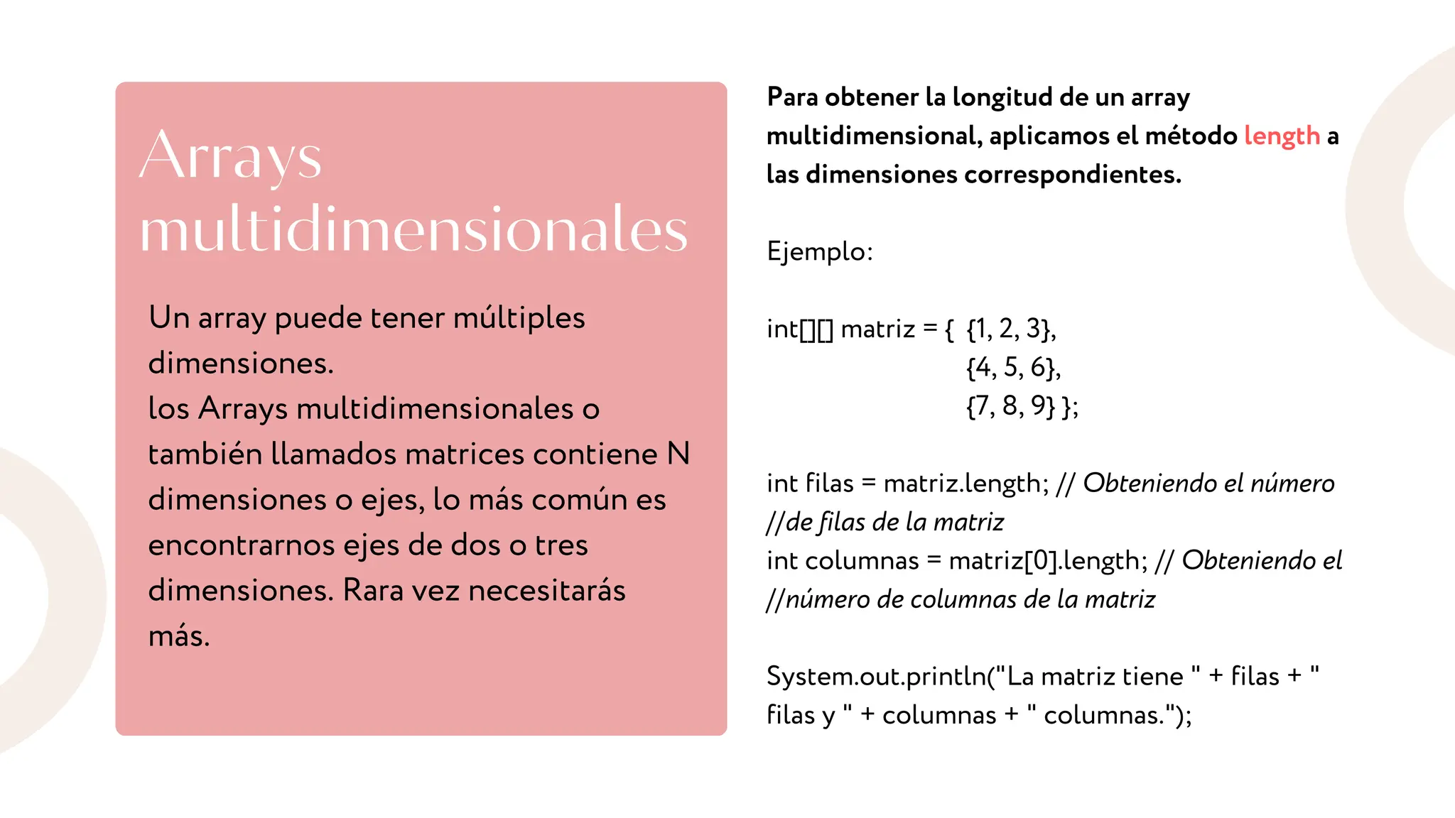 Arrays
multidimensionales
Un array puede tener múltiples
dimensiones.
los Arrays multidimensionales o
también llamados matrices contiene N
dimensiones o ejes, lo más común es
encontrarnos ejes de dos o tres
dimensiones. Rara vez necesitarás
más.
Para obtener la longitud de un array
multidimensional, aplicamos el método length a
las dimensiones correspondientes.
Ejemplo:
int[][] matriz = { {1, 2, 3},
{4, 5, 6},
{7, 8, 9} };
int filas = matriz.length; // Obteniendo el número
//de filas de la matriz
int columnas = matriz[0].length; // Obteniendo el
//número de columnas de la matriz
System.out.println("La matriz tiene " + filas + "
filas y " + columnas + " columnas.");
 