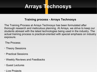 Arrays Technosys Training process - Arrays Technosys The Training Process at Arrays Technosys has been formulated after thorough research and meticulous planning. At Arrays, we strive to keep our students abreast with the latest technologies being used in the industry. The actual training process is practical-oriented with special emphasis on industry exposure. The Process: Theory Sessions Practical Sessions Weekly Reviews and Feedbacks  Guest Lectures  Live Projects 