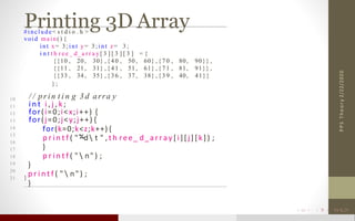 Printing 3D Array
/ / prin t i n g 3d arra y
i n t i , j , k ;
for(i=0;i<x;i++) {
for(j=0;j<y;j++) {
for(k=0;k<z;k++) {
p r i n t f ( " d t " , t h ree_ d_array [i][j][k]) ;
}
p r i n t f ( "  n" ) ;
}
p r i n t f ( "  n" ) ;
}
2/22/2020PPSTheory
1#include< s t d i o . h >
2void main() {
3 int x= 3 ; i nt y= 3 ; i n t z= 3 ;
4 i n t t h r e e _ d_a r r a y [ 3 ] [ 3 ] [ 3 ] = {
5 {{10 , 20 , 30} , {4 0 , 50 , 60} , {7 0 , 80, 90}} ,
6 {{11 , 21 , 31} , {4 1 , 51 , 61} , {7 1 , 81, 91}} ,
7 {{33 , 34 , 35} , {3 6 , 37 , 38} , {3 9 , 40, 41}}
8 } ;
9
10
11
12
13
14
15
16
17
18
19
20
21 }
 