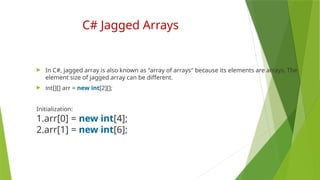 C# Jagged Arrays
 In C#, jagged array is also known as "array of arrays" because its elements are arrays. The
element size of jagged array can be different.
 int[][] arr = new int[2][];
Initialization:
1.arr[0] = new int[4];
2.arr[1] = new int[6];
 