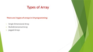 Types of Array
There are 3 types of arrays in C# programming:
1. Single Dimensional Array
2. Multidimensional Array
3. Jagged Arrays
 
