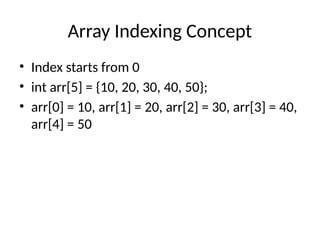 Array Indexing Concept
• Index starts from 0
• int arr[5] = {10, 20, 30, 40, 50};
• arr[0] = 10, arr[1] = 20, arr[2] = 30, arr[3] = 40,
arr[4] = 50
 