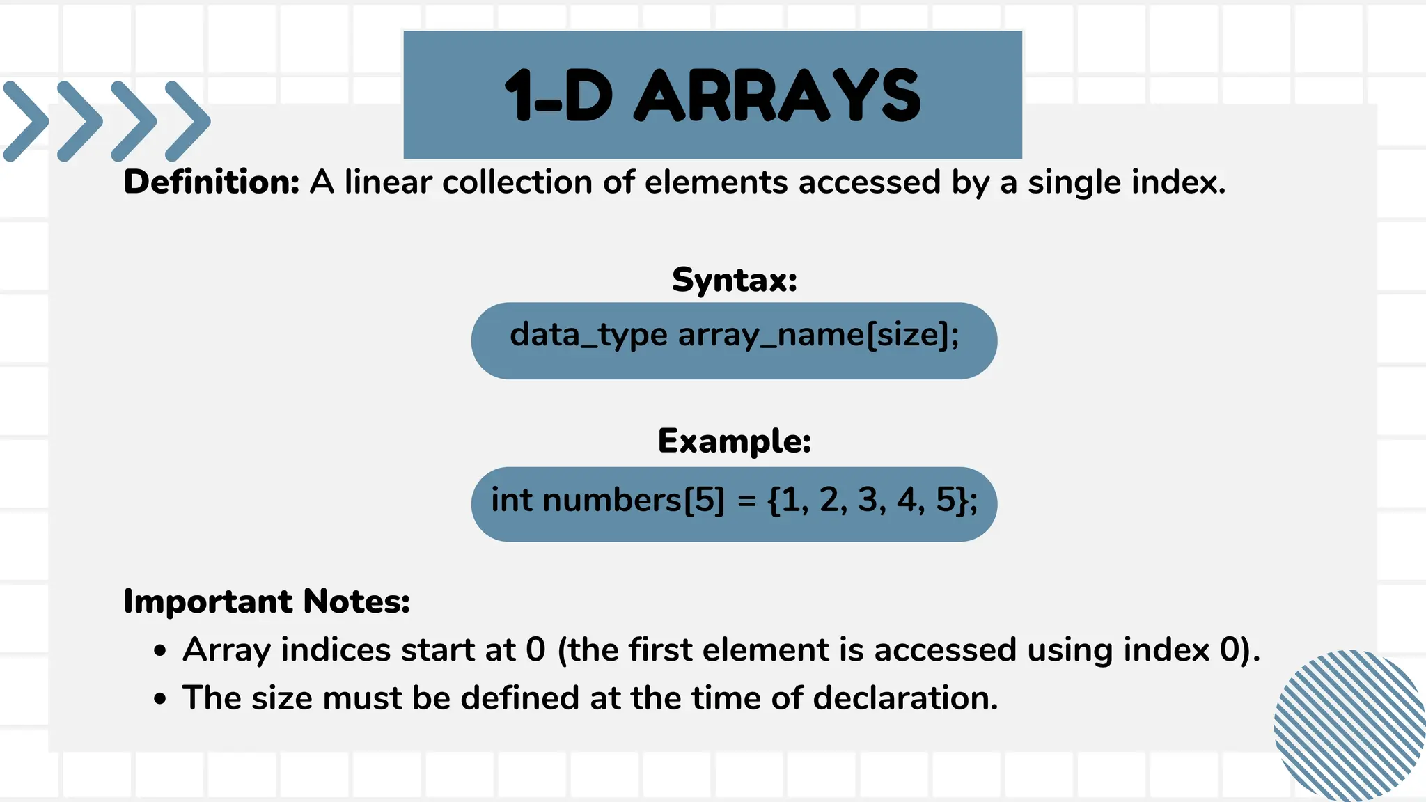 Definition: A linear collection of elements accessed by a single index. Syntax: data_type array_name[size]; Example: int numbers[5] = {1, 2, 3, 4, 5}; Important Notes: Array indices start at 0 (the first element is accessed using index 0). The size must be defined at the time of declaration. 1-D ARRAYS 
