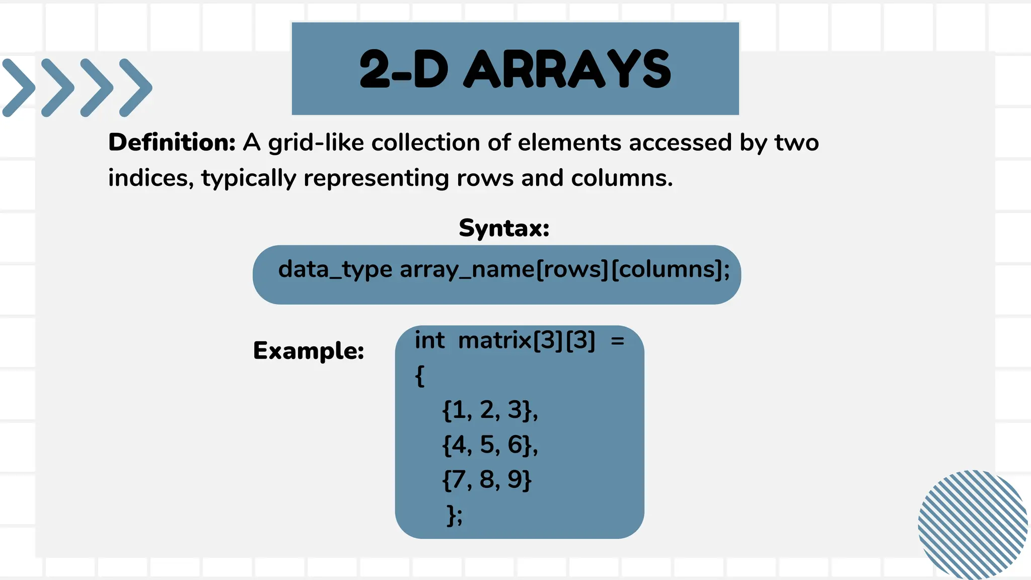Definition: A grid-like collection of elements accessed by two indices, typically representing rows and columns. 2-D ARRAYS int matrix[3][3] = { {1, 2, 3}, {4, 5, 6}, {7, 8, 9} }; Syntax: data_type array_name[rows][columns]; Example: 