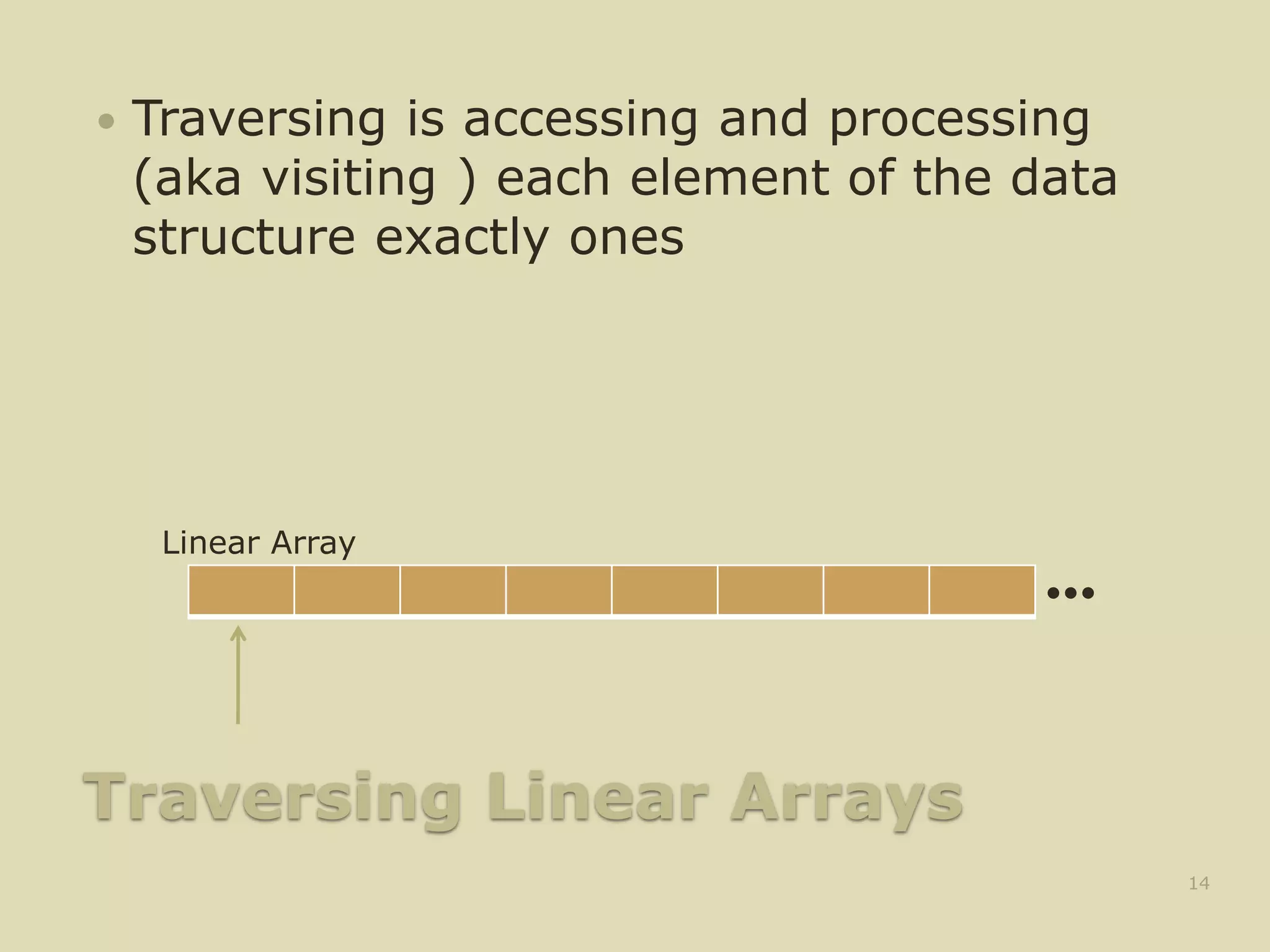 Traversing Linear Arrays
 Traversing is accessing and processing
(aka visiting ) each element of the data
structure exactly ones
14
•••
Linear Array
 