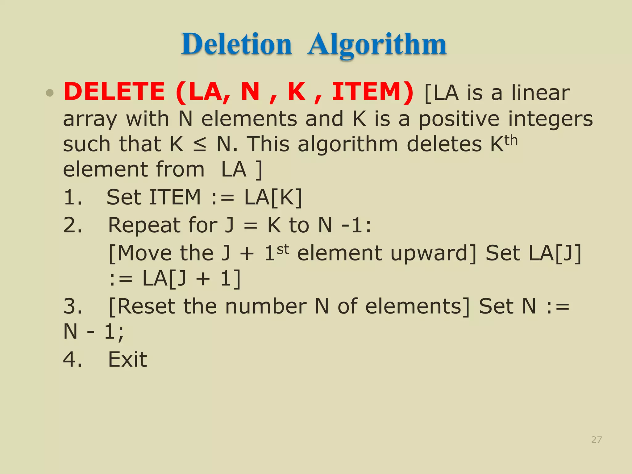 Deletion Algorithm
 DELETE (LA, N , K , ITEM) [LA is a linear
array with N elements and K is a positive integers
such that K ≤ N. This algorithm deletes Kth
element from LA ]
1. Set ITEM := LA[K]
2. Repeat for J = K to N -1:
[Move the J + 1st element upward] Set LA[J]
:= LA[J + 1]
3. [Reset the number N of elements] Set N :=
N - 1;
4. Exit
27
 