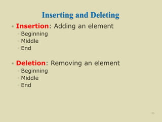 Inserting and Deleting
 Insertion: Adding an element
◦ Beginning
◦ Middle
◦ End
 Deletion: Removing an element
◦ Beginning
◦ Middle
◦ End
20
 