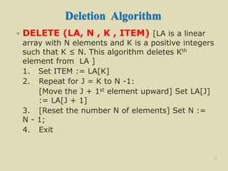 Deletion Algorithm
 DELETE (LA, N , K , ITEM) [LA is a linear
array with N elements and K is a positive integers
such that K ≤ N. This algorithm deletes Kth
element from LA ]
1. Set ITEM := LA[K]
2. Repeat for J = K to N -1:
[Move the J + 1st element upward] Set LA[J]
:= LA[J + 1]
3. [Reset the number N of elements] Set N :=
N - 1;
4. Exit
27
 