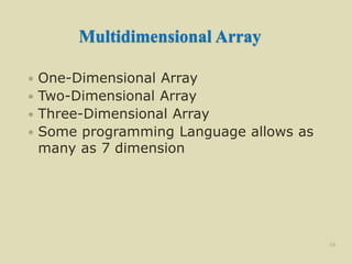 Multidimensional Array
 One-Dimensional Array
 Two-Dimensional Array
 Three-Dimensional Array
 Some programming Language allows as
many as 7 dimension
28
 