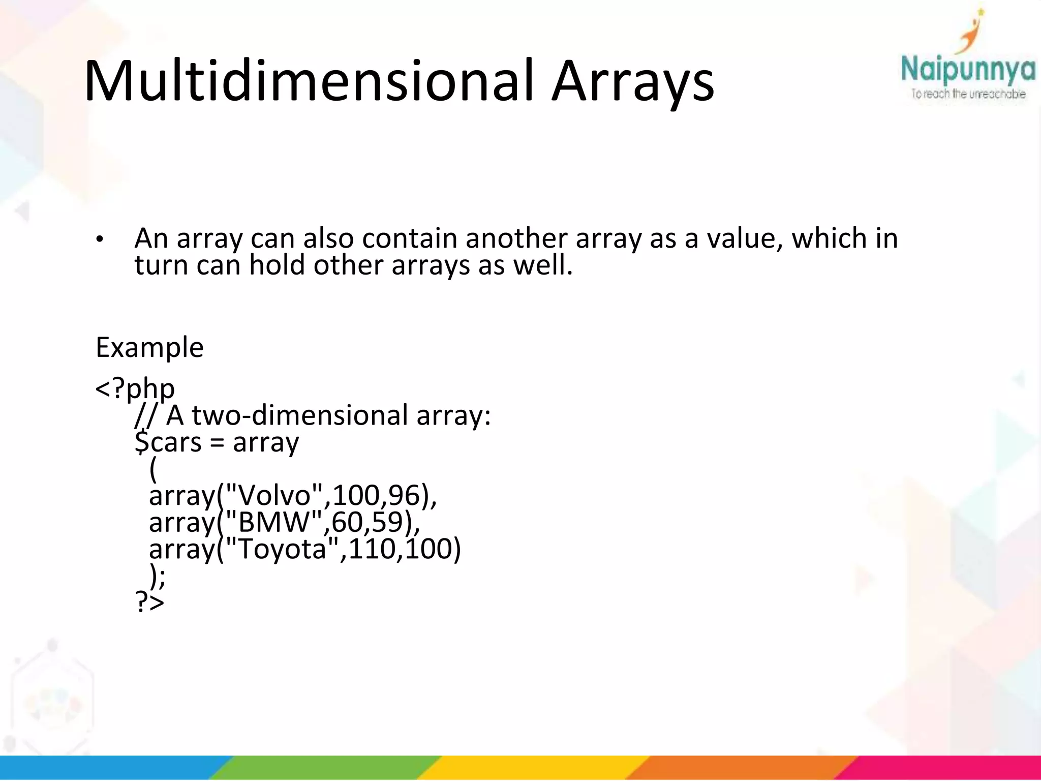 Multidimensional Arrays
• An array can also contain another array as a value, which in
turn can hold other arrays as well.
Example
<?php
// A two-dimensional array:
$cars = array
(
array("Volvo",100,96),
array("BMW",60,59),
array("Toyota",110,100)
);
?>
 
