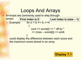 Loops And Arrays
• for-loops are commonly used to step through
arrays
– Example: for (i = 0; i < 5; i++)
{
cout << score[i] << " off by "
<< (max – score[i]) << endl;
}
could display the difference between each score and
the maximum score stored in an array
First index is 0
Display 7.1
Last index is (size – 1)
 