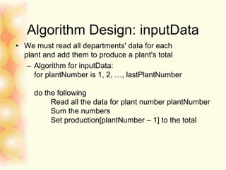 Algorithm Design: inputData
• We must read all departments' data for each
plant and add them to produce a plant's total
– Algorithm for inputData:
for plantNumber is 1, 2, …, lastPlantNumber
do the following
Read all the data for plant number plantNumber
Sum the numbers
Set production[plantNumber – 1] to the total
 
