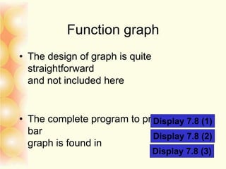Function graph
• The design of graph is quite
straightforward
and not included here
• The complete program to produce the
bar
graph is found in
Display 7.8 (1)
Display 7.8 (2)
Display 7.8 (3)
 