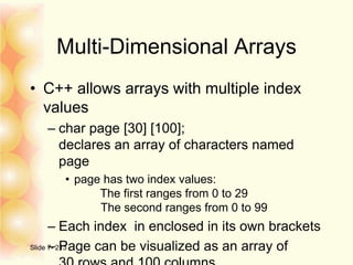 Multi-Dimensional Arrays
• C++ allows arrays with multiple index
values
– char page [30] [100];
declares an array of characters named
page
• page has two index values:
The first ranges from 0 to 29
The second ranges from 0 to 99
– Each index in enclosed in its own brackets
– Page can be visualized as an array ofSlide 7- 213
 