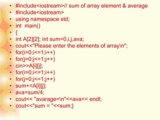 • #include<iostream>// sum of array element & average
• #include<iostream>
• using namespace std;
• int main()
• {
• int A[2][2]; int sum=0,i,j,ava;
• cout<<"Please enter the elements of arrayn";
• for(i=0;i<=1;i++)
• for(j=0;j<=1;j++)
• cin>>A[i][j];
• for(i=0;i<=1;i++)
• for(j=0;j<=1;j++)
• sum+=A[i][j];
• ava=sum/4;
• cout<< "avarage=n"<<ava<< endl;
• cout<<"sum = "<<sum;}
 