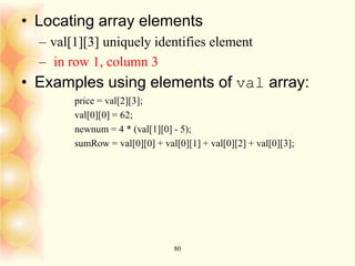 80
• Locating array elements
– val[1][3] uniquely identifies element
– in row 1, column 3
• Examples using elements of val array:
price = val[2][3];
val[0][0] = 62;
newnum = 4 * (val[1][0] - 5);
sumRow = val[0][0] + val[0][1] + val[0][2] + val[0][3];
 