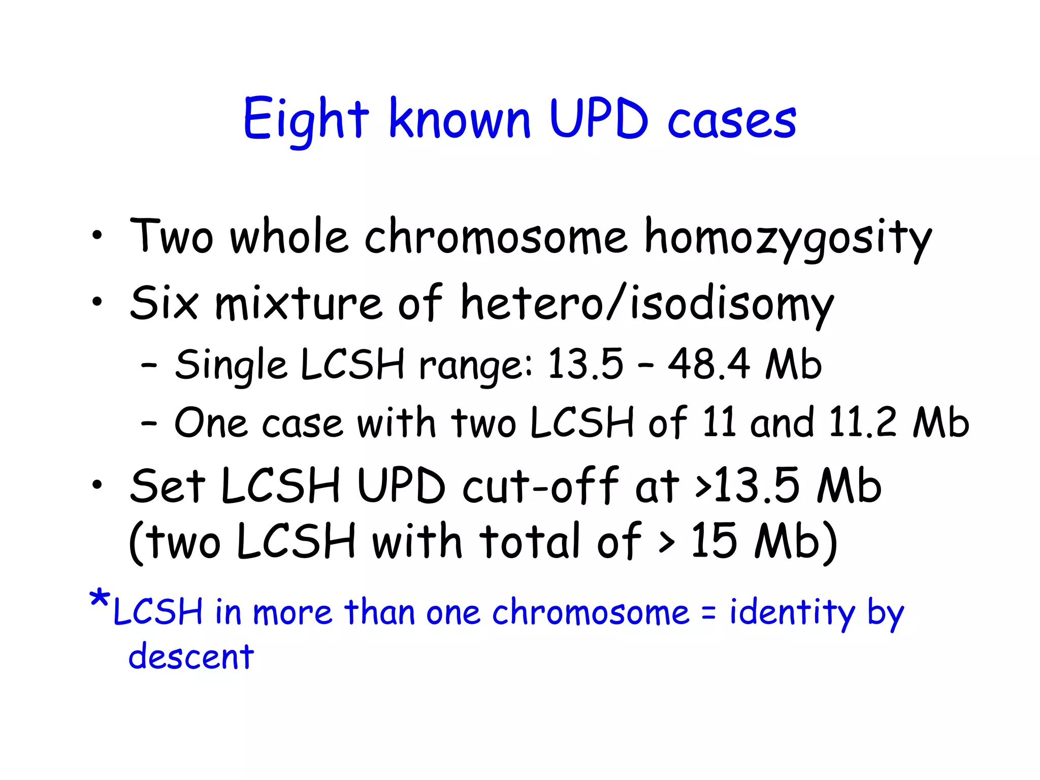 Eight known UPD cases
• Two whole chromosome homozygosity
• Six mixture of hetero/isodisomy
– Single LCSH range: 13.5 – 48.4 Mb
– One case with two LCSH of 11 and 11.2 Mb
• Set LCSH UPD cut-off at >13.5 Mb
(two LCSH with total of > 15 Mb)
*LCSH in more than one chromosome = identity by
descent