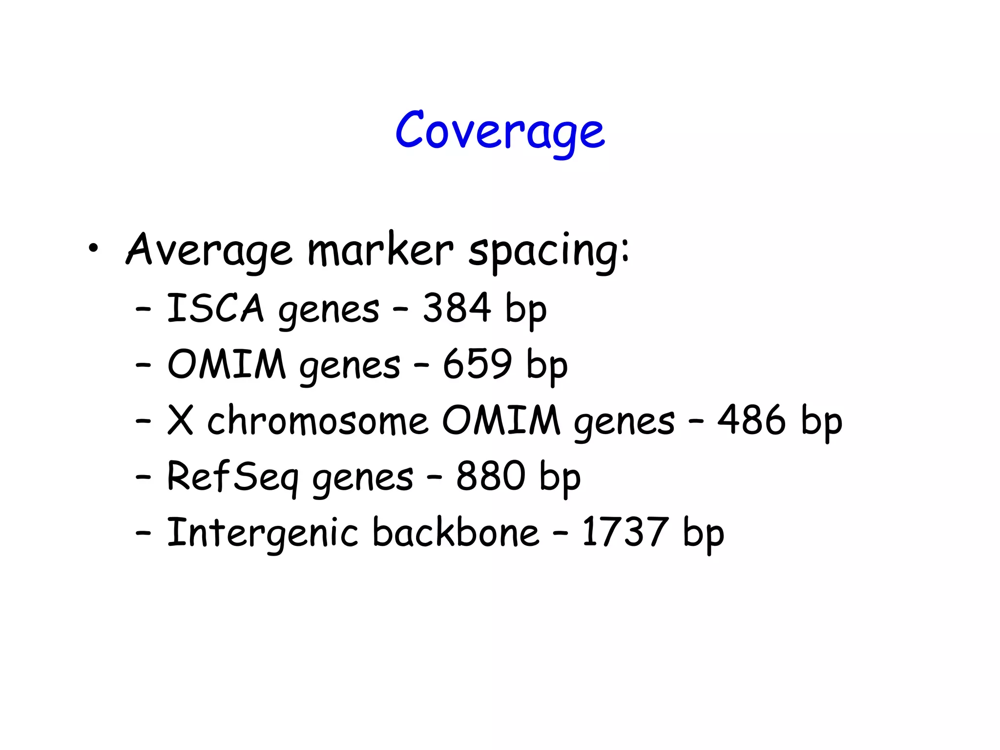 Coverage
• Average marker spacing:
– ISCA genes – 384 bp
– OMIM genes – 659 bp
– X chromosome OMIM genes – 486 bp
– RefSeq genes – 880 bp
– Intergenic backbone – 1737 bp