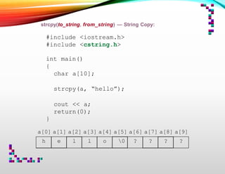 strcpy(to_string, from_string) — String Copy:
#include <iostream.h>
#include <cstring.h>
int main()
{
char a[10];
strcpy(a, “hello”);
cout << a;
return(0);
}
a[0] a[1] a[2] a[3] a[4] a[5] a[6] a[7] a[8] a[9]
h e l l o 0 ? ? ? ?
 