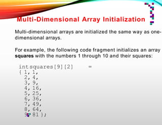 Multi-Dimensional Array Initialization
Multi-dimensional arrays are initialized the same way as one-
dimensional arrays.
For example, the following code fragment initializes an array
squares with the numbers 1 through 10 and their squares:
intsquares[9][2] =
{ 1, 1,
2, 4,
3, 9,
4, 16,
5, 25,
6, 36,
7, 49,
8, 64,
9, 81 };
 