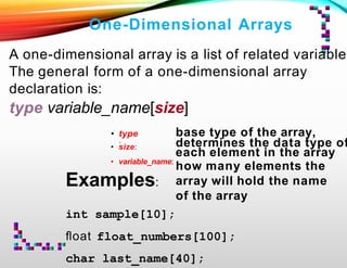 One-Dimensional Arrays
A one-dimensional array is a list of related variables
The general form of a one-dimensional array
declaration is:
type variable_name[size]
• type
:
• size:
• variable_name:
base type of the array,
determines the data type of
each element in the array
how many elements the
array will hold the name
of the array
Examples:
int sample[10];
ﬂoat float_numbers[100];
char last_name[40];
 