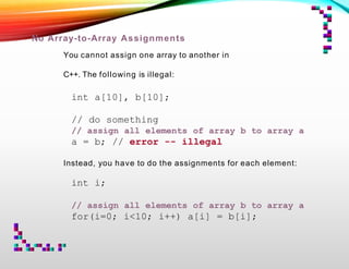 No Array-to-Array Assignments
You cannot assign one array to another in
C++. The following is illegal:
int a[10], b[10];
// do something
// assign all elements of array b to array a
a = b; // error -- illegal
Instead, you have to do the assignments for each element:
int i;
// assign all elements of array b to array a
for(i=0; i<10; i++) a[i] = b[i];
 