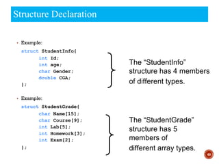49
Structure Declaration
▪ Example:
struct StudentInfo{
int Id;
int age;
char Gender;
double CGA;
};
▪ Example:
struct StudentGrade{
char Name[15];
char Course[9];
int Lab[5];
int Homework[3];
int Exam[2];
};
The “StudentGrade”
structure has 5
members of
different array types.
The “StudentInfo”
structure has 4 members
of different types.
 