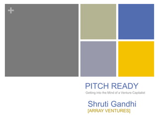 +
Getting into the Mind of a Venture Capitalist
PITCH READY
Shruti Gandhi
@atShruti [ARRAY VENTURES]
 