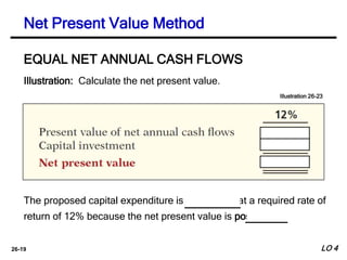 26-19
The proposed capital expenditure is acceptable at a required rate of
return of 12% because the net present value is positive.
Illustration: Calculate the net present value.
EQUAL NET ANNUAL CASH FLOWS
Illustration 26-23
Net Present Value Method
LO 4
 
