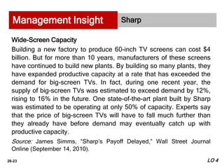 26-23
Sharp
Wide-Screen Capacity
Building a new factory to produce 60-inch TV screens can cost $4
billion. But for more than 10 years, manufacturers of these screens
have continued to build new plants. By building so many plants, they
have expanded productive capacity at a rate that has exceeded the
demand for big-screen TVs. In fact, during one recent year, the
supply of big-screen TVs was estimated to exceed demand by 12%,
rising to 16% in the future. One state-of-the-art plant built by Sharp
was estimated to be operating at only 50% of capacity. Experts say
that the price of big-screen TVs will have to fall much further than
they already have before demand may eventually catch up with
productive capacity.
Source: James Simms, “Sharp’s Payoff Delayed,” Wall Street Journal
Online (September 14, 2010).
Management Insight
LO 4
 