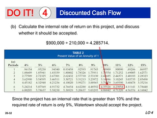 26-32
(b) Calculate the internal rate of return on this project, and discuss
whether it should be accepted.
$900,000 ÷ 210,000 = 4.285714.
Since the project has an internal rate that is greater than 10% and the
required rate of return is only 9%, Watertown should accept the project.
DO IT! Discounted Cash Flow
4
LO 4
 