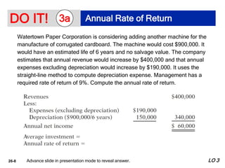 26-8
Watertown Paper Corporation is considering adding another machine for the
manufacture of corrugated cardboard. The machine would cost $900,000. It
would have an estimated life of 6 years and no salvage value. The company
estimates that annual revenue would increase by $400,000 and that annual
expenses excluding depreciation would increase by $190,000. It uses the
straight-line method to compute depreciation expense. Management has a
required rate of return of 9%. Compute the annual rate of return.
Advance slide in presentation mode to reveal answer.
DO IT! Annual Rate of Return
3a
LO 3
 