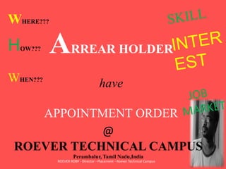 ARREAR HOLDER 
have 
APPOINTMENT ORDER 
@ 
ROEVER TECHNICAL CAMPUS 
Perambalur, Tamil Nadu,India 
WHERE??? 
HOW??? 
WHEN??? 
ROEVER ROBY - Director - Placement - Roever Technical Campus 
 