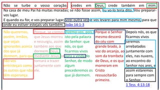 Não se turbe o vosso coração; credes em Deus, crede também em mim.
Na casa de meu Pai há muitas moradas; se não fosse assim, eu vo-lo teria dito. Vou preparar-
vos lugar.
E quando eu for, e vos preparar lugar, virei outra vez, e vos levarei para mim mesmo, para que
onde eu estiver estejais vós também. João 14:1-3
Não queremos,
porém, irmãos,
que sejais
ignorantes acerca
dos que já
dormem, para que
não vos
entristeçais como
os outros que não
têm esperança.
Porque, se cremos
que Jesus morreu
e ressurgiu, assim
também aos que
dormem, Deus,
mediante Jesus, os
tornará a trazer
juntamente com
ele.
Dizemo-vos, pois,
isto pela palavra
do Senhor: que
nós, os que
ficarmos vivos
para a vinda do
Senhor, de modo
algum
precederemos os
que já dormem.
Porque o Senhor
mesmo descerá
do céu com
grande brado, à
voz do arcanjo, ao
som da trombeta
de Deus, e os que
morreram em
Cristo
ressuscitarão
primeiro.
Depois nós, os que
ficarmos vivos
seremos
arrebatados
juntamente com
eles, nas nuvens,
ao encontro do
Senhor nos ares, e
assim estaremos
para sempre com
o Senhor.
1 Tess 4:13-18
 