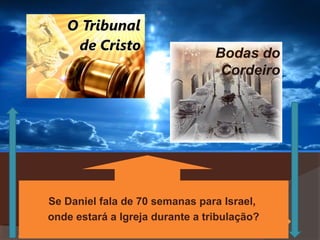 Bodas do
Cordeiro

Dn 9:27a

Ap 4

Se Daniel fala de 70 semanas para Israel, Dn 9:27c
Dn 9:27b
onde estará a Igreja durante a tribulação?
1260 dias – Tribulação
1260 dias – G. Tribulação
Ap 6 a 8

Ap 12

Ap 14 a 18

Ap 19

 